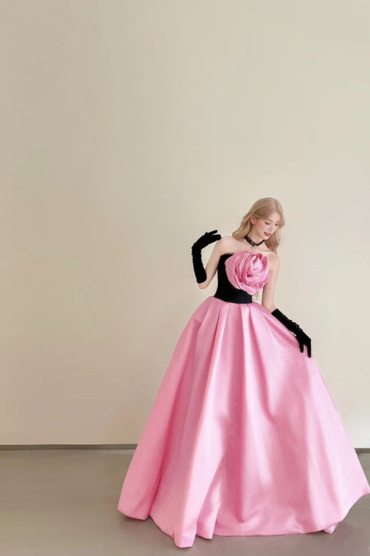 girlhomeshops-Vintage Pink-Black Contrast 3D Floral Strapless Swing Court Style Evening Gown gh6029
