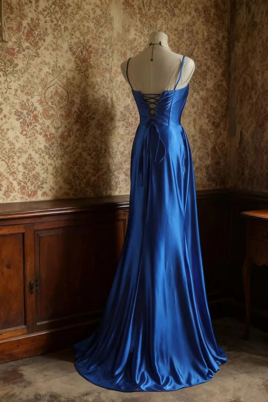 girlhomeshops-Sleeveless Royal Blue Satin Mermaid Dress, Retro Elegant Slim - fitting Floor - length Evening Gown gh5828