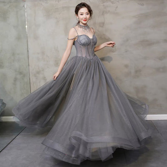 Gray tulle beads long prom gown A line evening gown 10111
