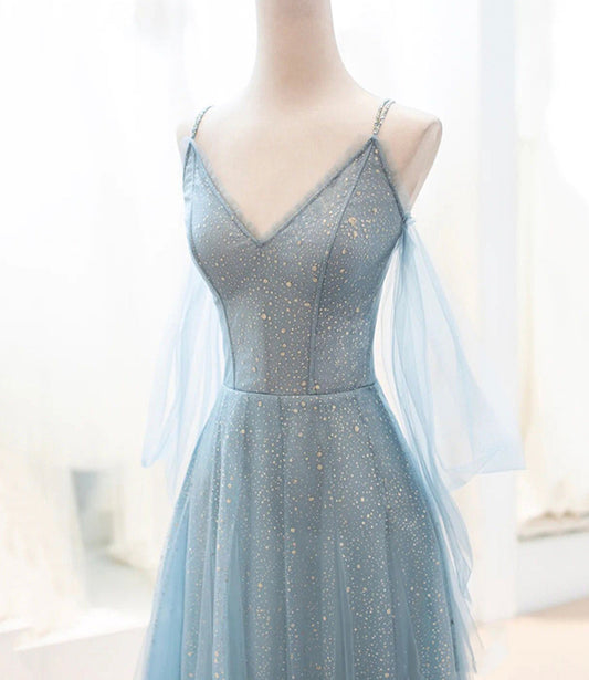 Blue tulle long A line prom dress blue evening dress 8764