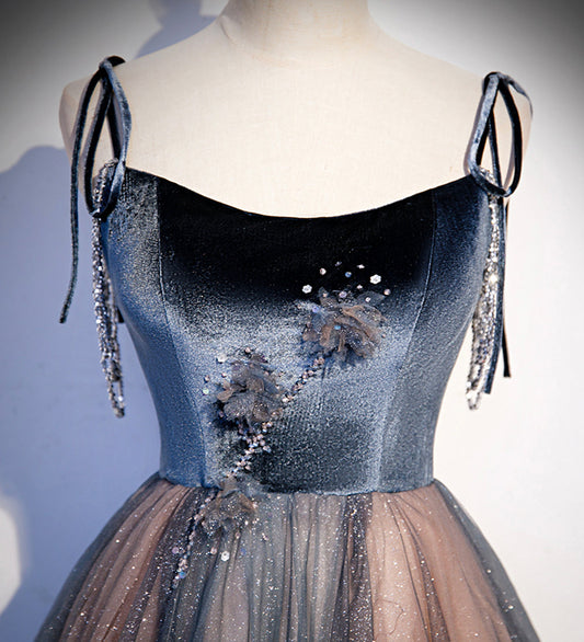 Blue tulle sequins long prom dress evening dress 8504