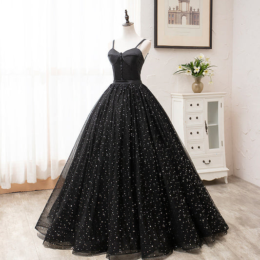 Black tulle long prom gown black evening dress 8456