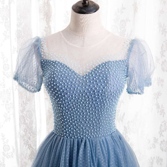 Blue tulle long A line prom dress blue evening dress 8728