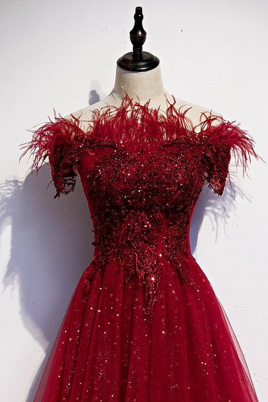 Burgundy tulle sequins long A line prom dress evening dress 8710