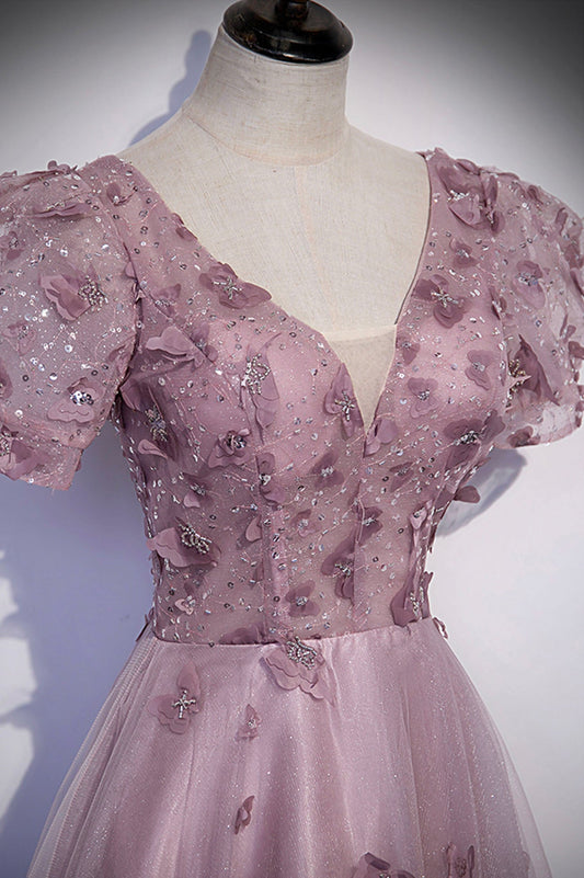 Pink tulle sequins long prom dress pink evening dress 10181