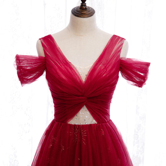 Burgundy tulle beads long prom dress 8260
