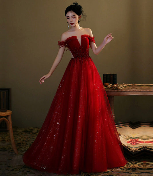 Red tulle sequins long prom dress evening gown 10276