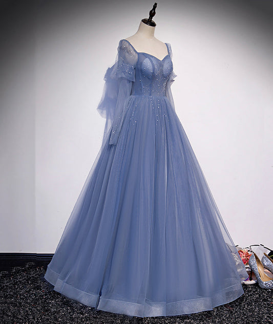 Blue tulle long prom dress simple evening dress 8430