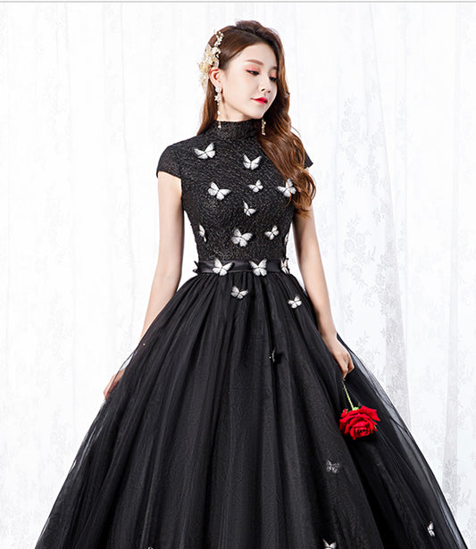 Black tulle long A line ball gown dress formal dress 8650