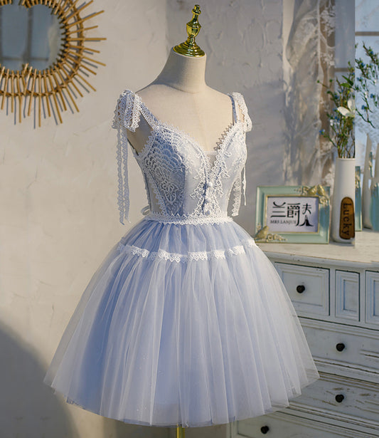 Blue lace short A line prom dress homecoming dress 10539