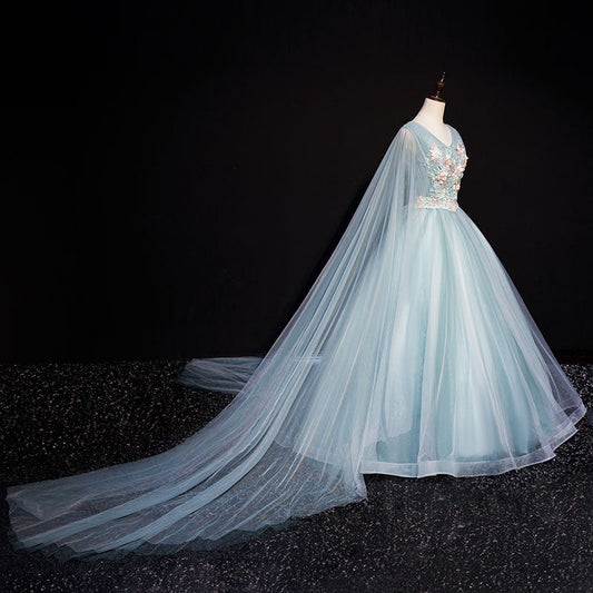 Blue tulle lace long prom dress blue evening dress 10636