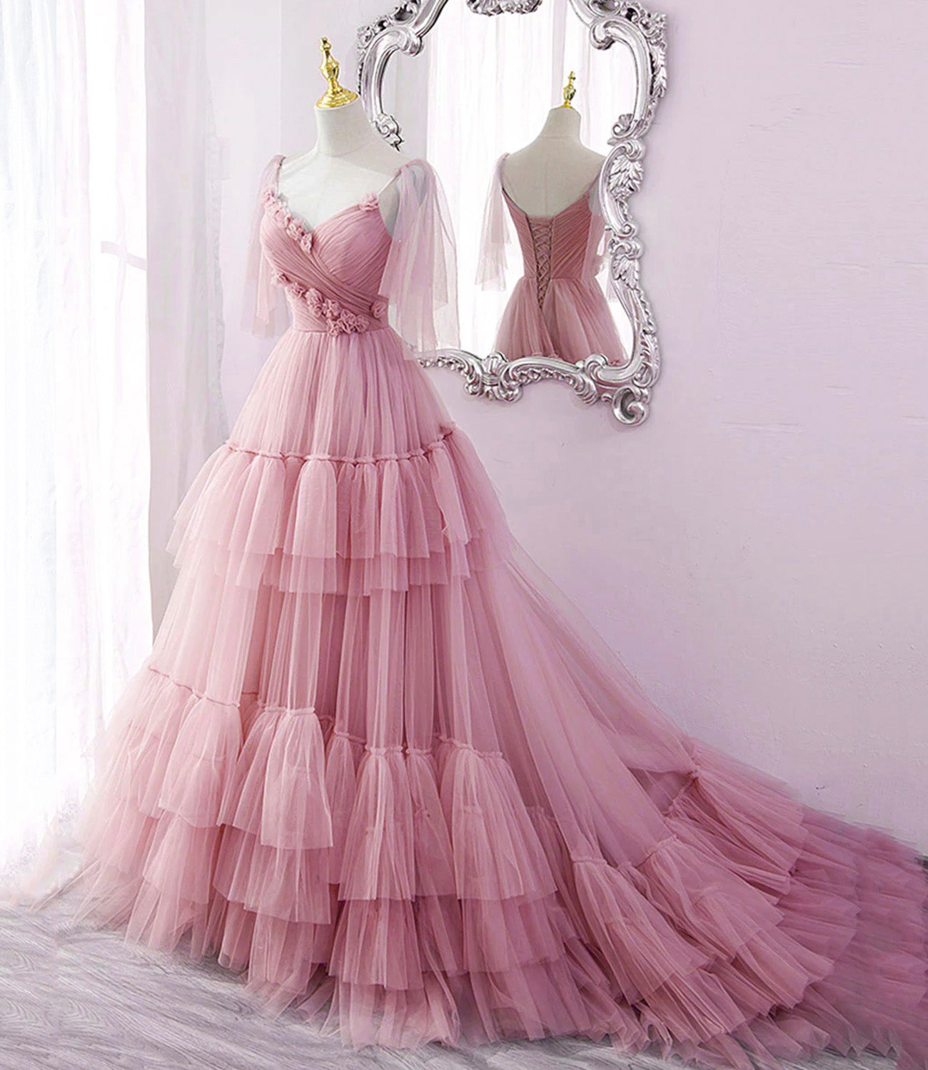 Blue tulle long A line prom dress blue evening dress 10551