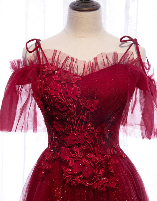 Burgundy tulle lace long prom dress evening dress 8305