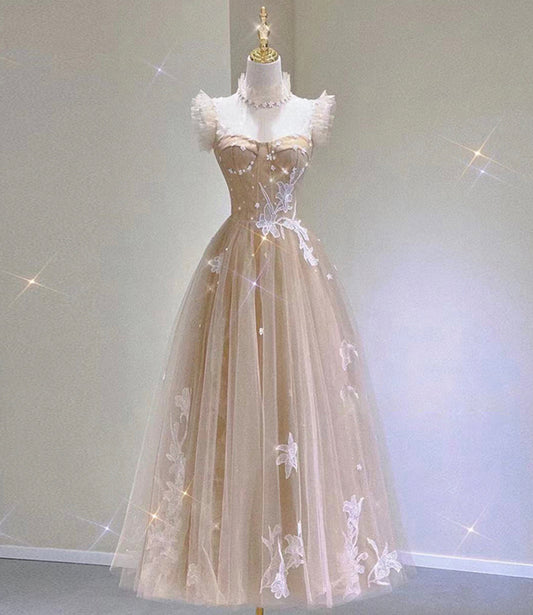 Champagne tulle lace tea length prom dress evening dress 10313