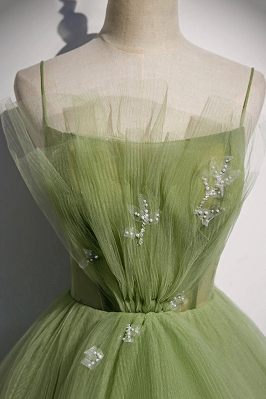 Green tulle long A line prom dress 8589