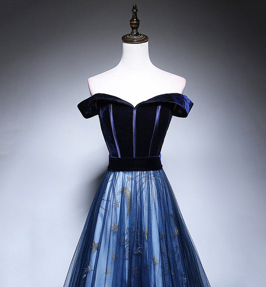 Blue velvet tulle long prom dress evening dress 8449