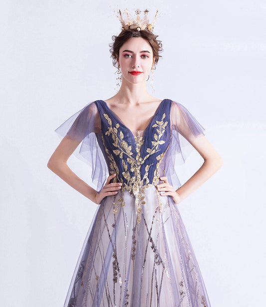 Purple tulle sequins long prom dress A line evening dress 10510