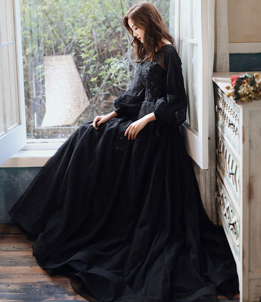 Black lace long prom dress A line evening gown 10277