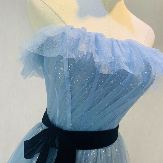 Blue tulle sequins long prom dress blue evening gown 10045