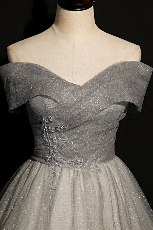Gray tulle sequins long A line prom dress evening dress 8701