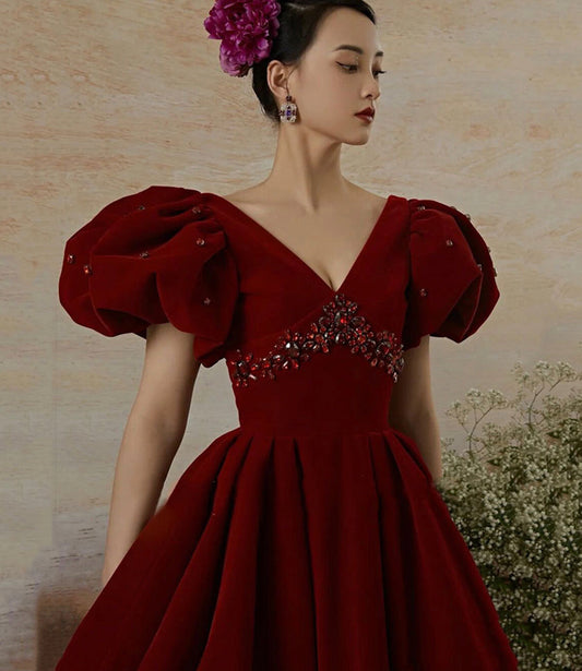 Burgundy velvet long prom dress evening gown 10239