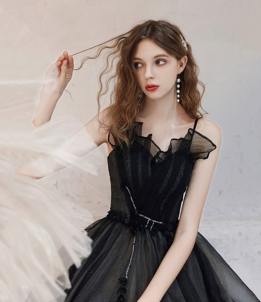 Black tulle long prom dress A line evening dress 10416