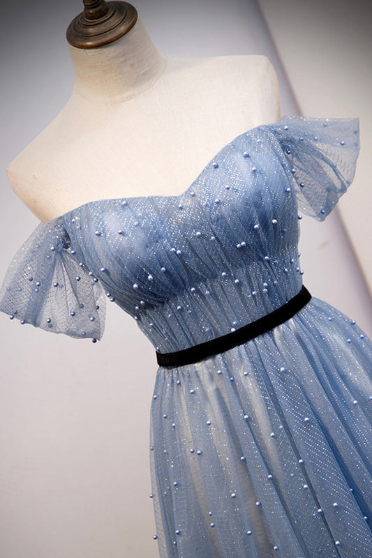 Blue tulle long A line prom dress evening dress 8686