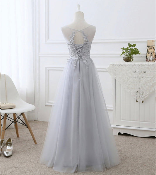 Gray tulle lace prom dress A line evening dress 8442