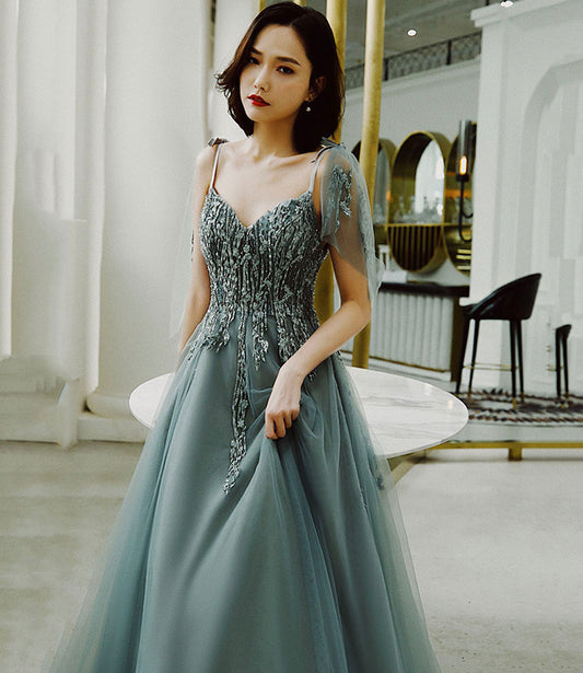 Cute tulle lace long prom dress A line evening dress 10422