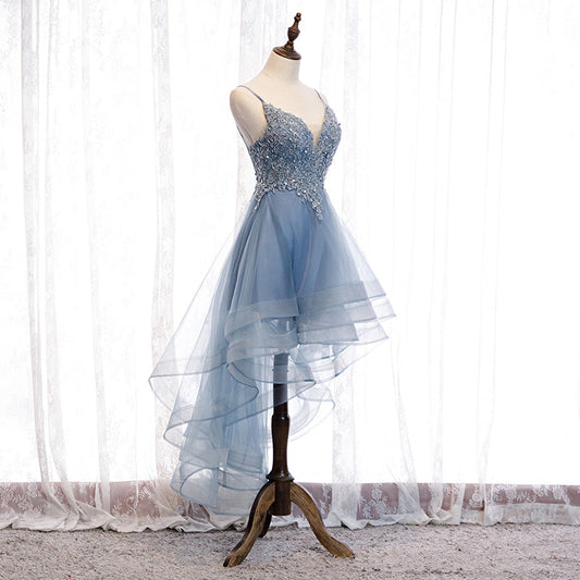 Cute v neck lace short prom dress high low evening dress 8315