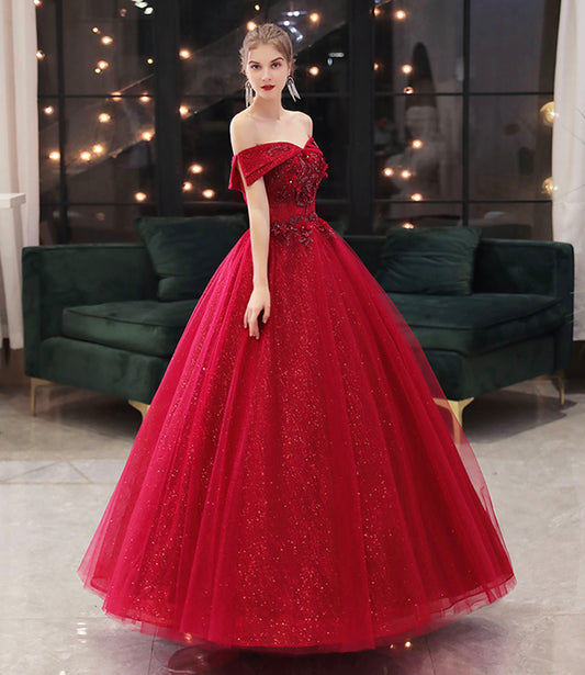 Burgundy tulle lace long prom dress A line evening gown 10323