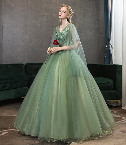 Green tulle lace long prom dress A line evening gown 10342