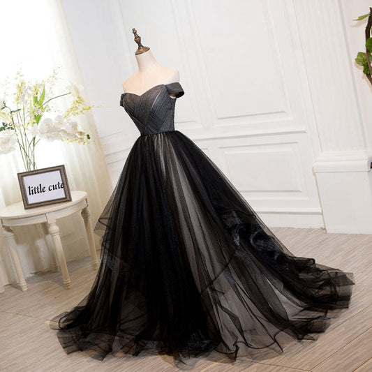 Black tulle off shoulder long prom dress, black evening dress 7899