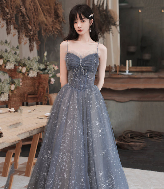 Gray tulle long prom dress A line evening dress 10489