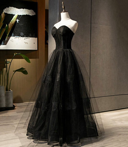 Black tulle long A line prom dress black evening dress 8684