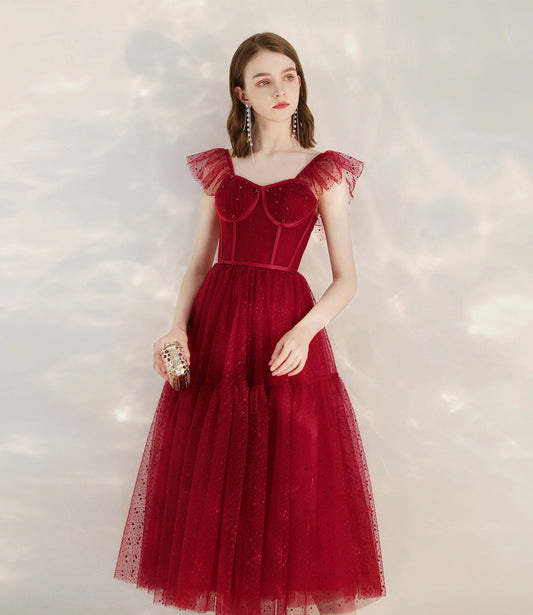 Red tulle short A line prom dress cocktail dress 10399