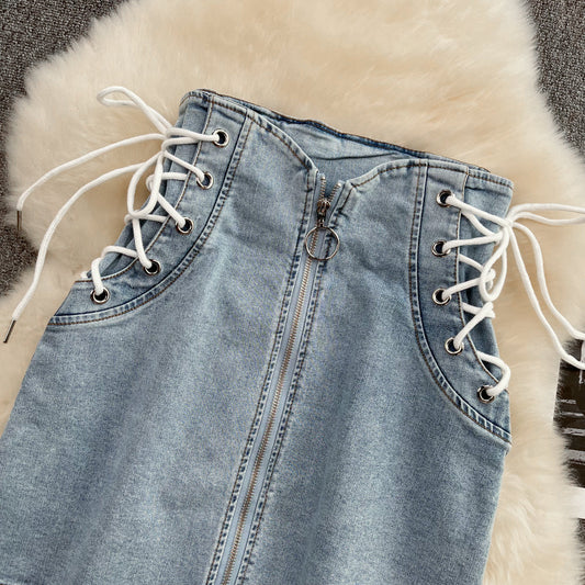 New strap zipper high waist denim skirt 11287