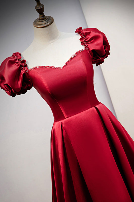 Burgundy satin long A line prom dress evening dress 8711
