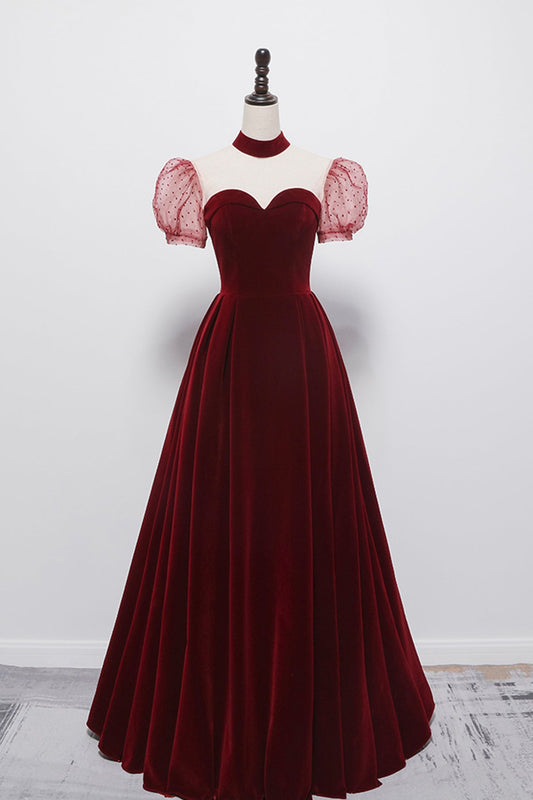 Cute velvet long prom dress burgundy A line evening dress 8652