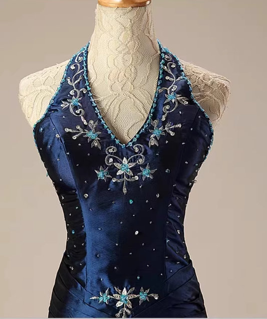 Chic Navy Blue Halter Neck Ruched Beaded Embroidery Sweet 15 Quinceanera Ball Gown TP5681