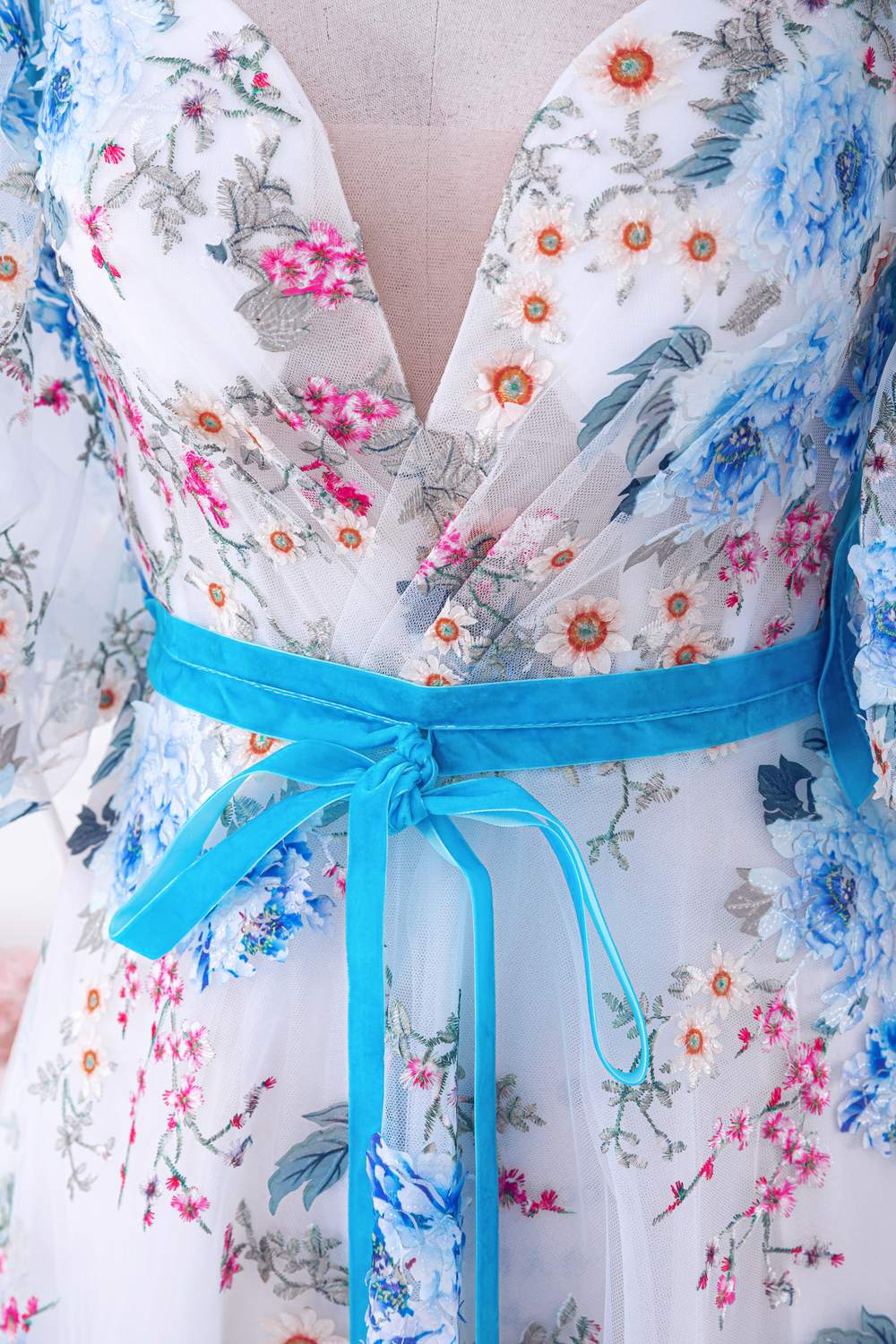 Blue and White Bow Tie Straps Puff Sleeves Long Prom Dress with Slit