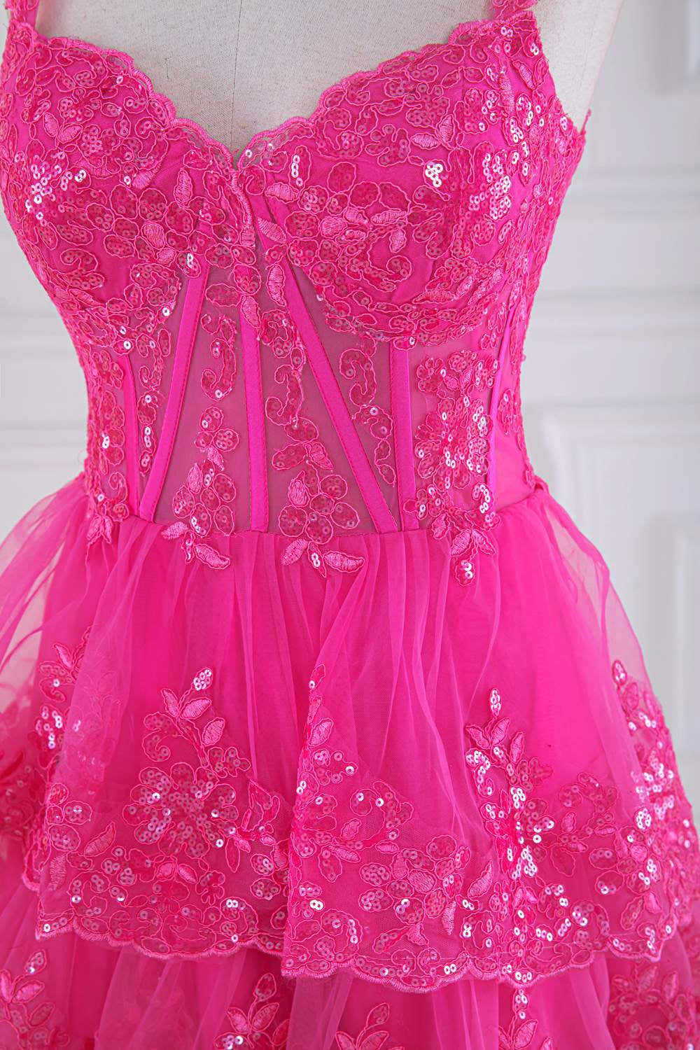Hot Pink Layers Sequined Floral Long Prom Dress