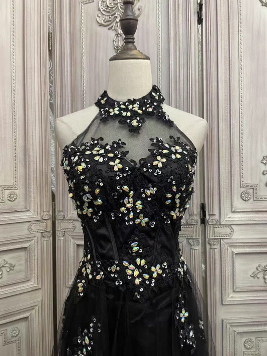 ✨Girlhomeshops-Black floral rhinestone long tulle prom evening gown party dress gh4984
