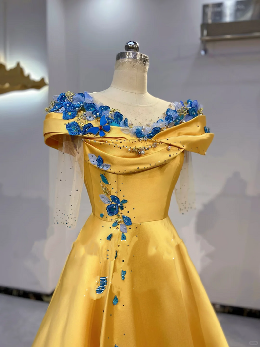 Gold Evening Dress with Blue Floral Neckline, Waist-Cinched Fitted Full Flared Long Gown, Fairy Gown, Romantic Gown gh7405