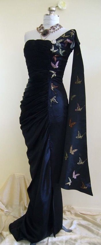 Girlhomeshops-Navy Blue Butterfly Long Satin Fashion One Shoulder Floor Length Prom Dress Evening Dress Graduation Dress gh5197