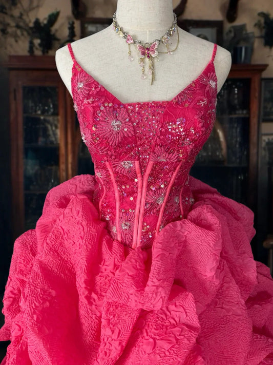 Girlhomeshops-PDark Pink Glitter Tulle Princess Long Formal Prom Dress gh5359