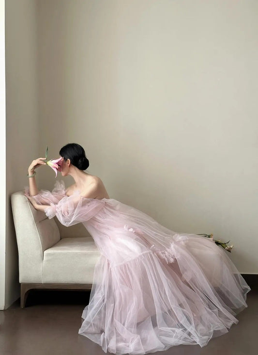 girlhomeshops- Vintage Pink Tulle Off-Shoulder Puff Sleeve Open-Back Long Forest-Style Evening Gown gh6092