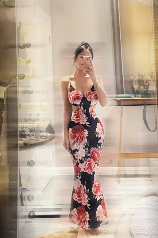 Sexy Retro Style Ankle-Length Mermaid Deep V Cutout Red Rose Print Camisole Gown - Slim Dress for Dinner & Date Events gh6489