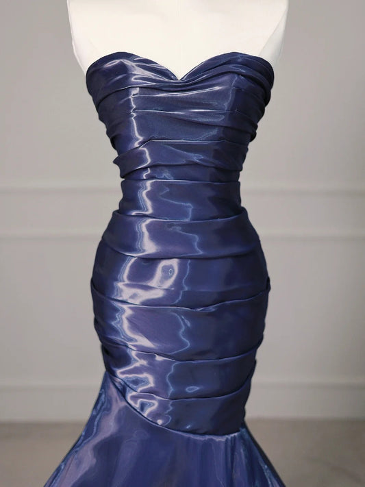Blue Elegant Satin Long Mermaid Fit Floor Length Ball Gown Evening Dress gh4200