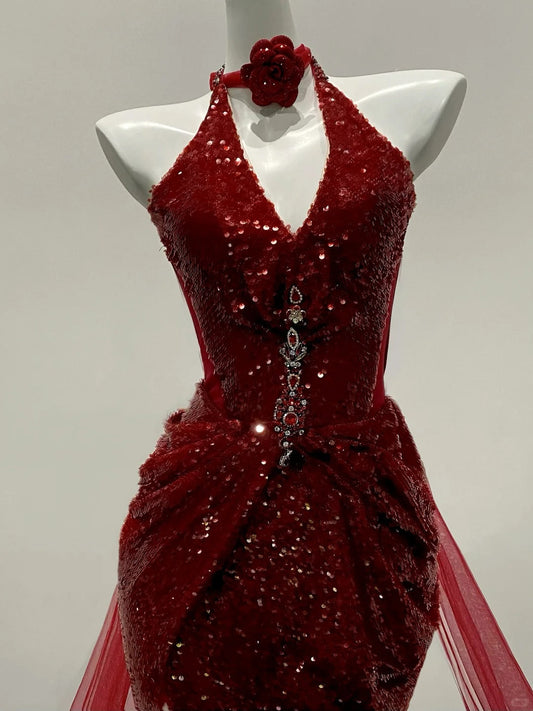 Oil painting retro red fishtail fine glitter tulle galaxy flowing ball gown evening dress gh4327